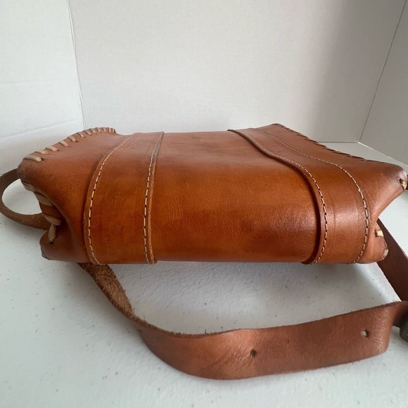 Vintage Handmade Leather Satchel Bag Cognac Brown Whipstitch Double Buckle Strap - Picture 6 of 8